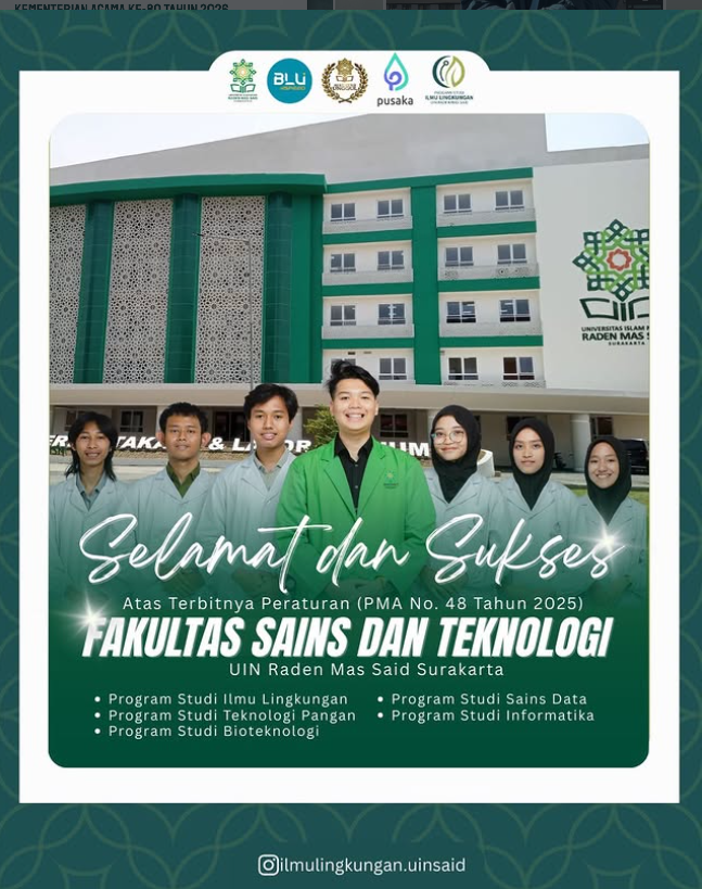 Selamat dan Sukses atas Terbitnya PMA Nomor 48 Tahun 2025 tentang Fakultas Sains dan Teknologi UIN Raden Mas Said Surakarta